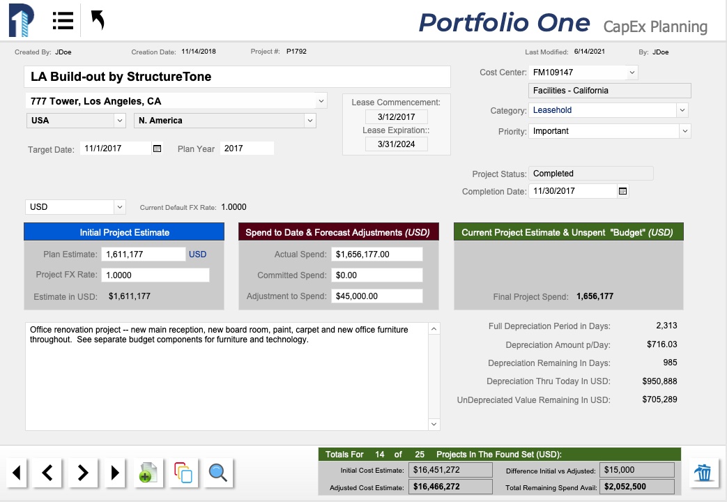 Portfolio One CapEx Planning project detail screen